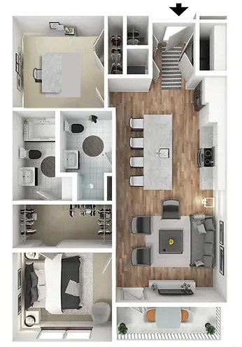 Floor plan for 1 bed, 2 baths, 962 sqft